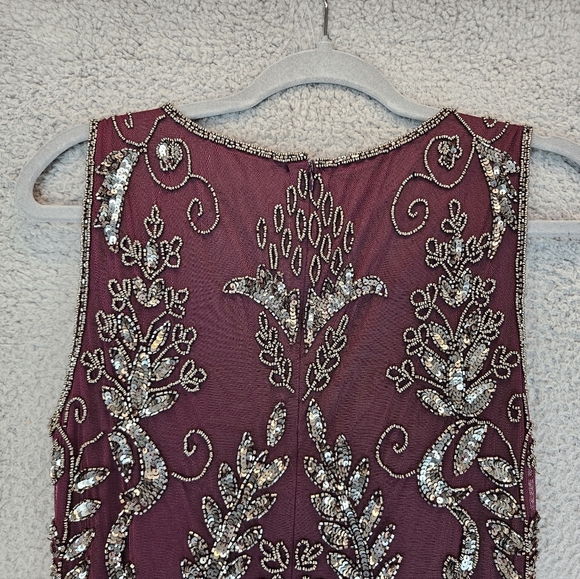 Pisarro Night Womens T Length Silver Beaded Gown Sz 8 Wine Color Chiffon Lined - Picture 10 of 15